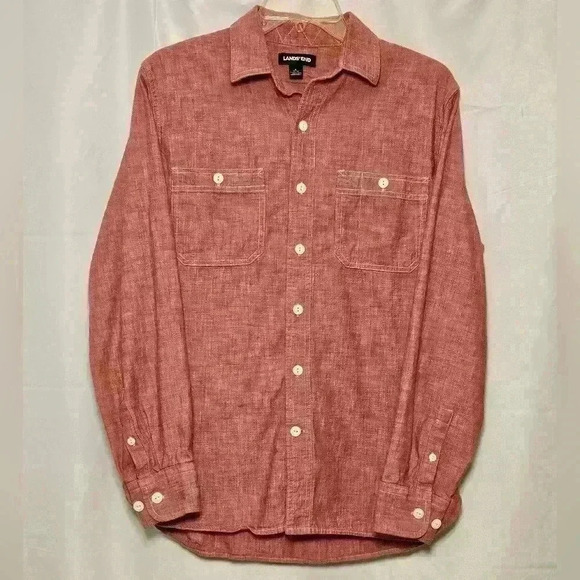 Lands' End Mens Long Sleeve Button Up Shirt 100% Comfy Cotton Salmon Small 34-36 - Picture 1 of 8